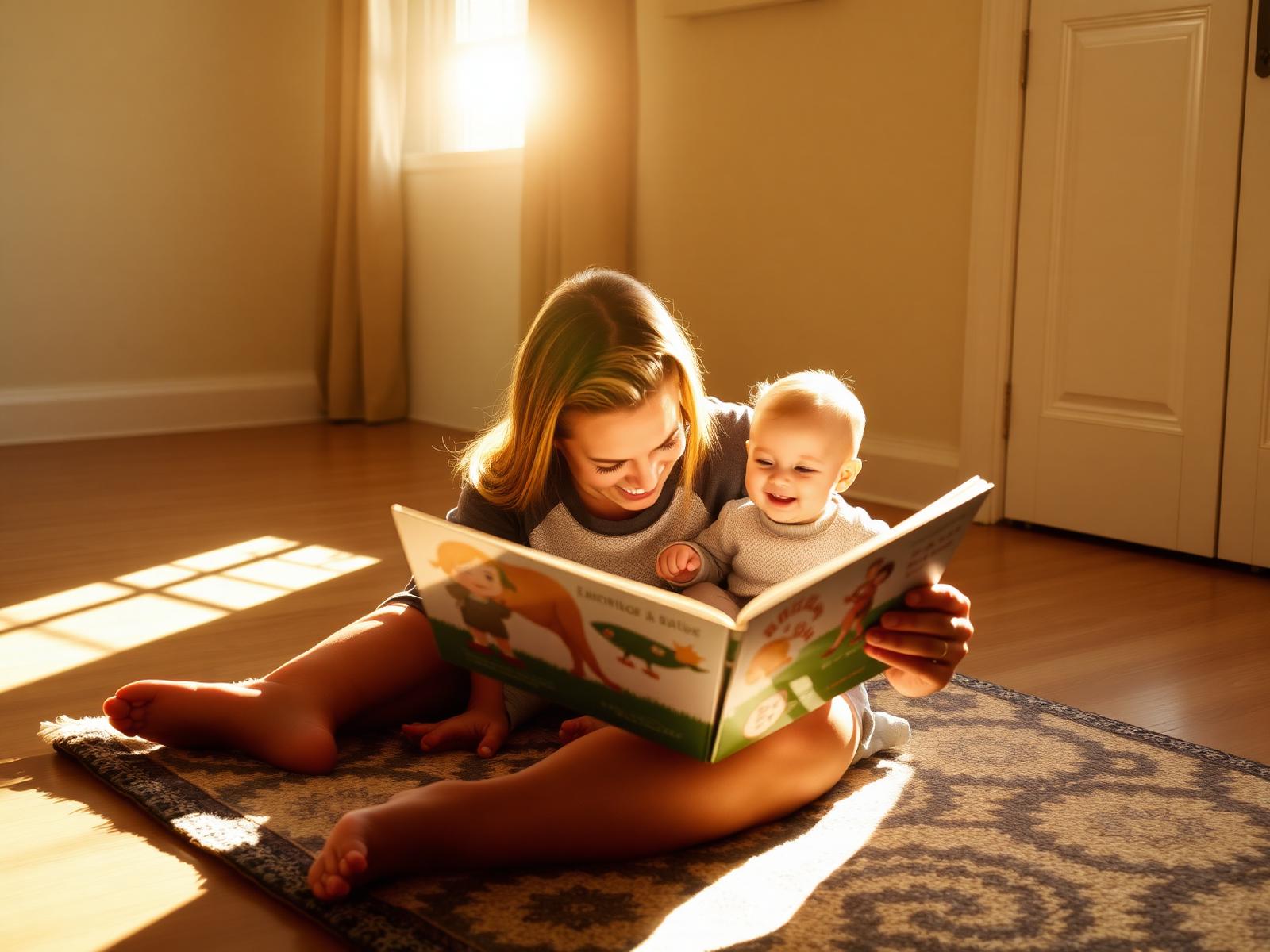 A mother reading a picture book to her baby on a sunlit rug