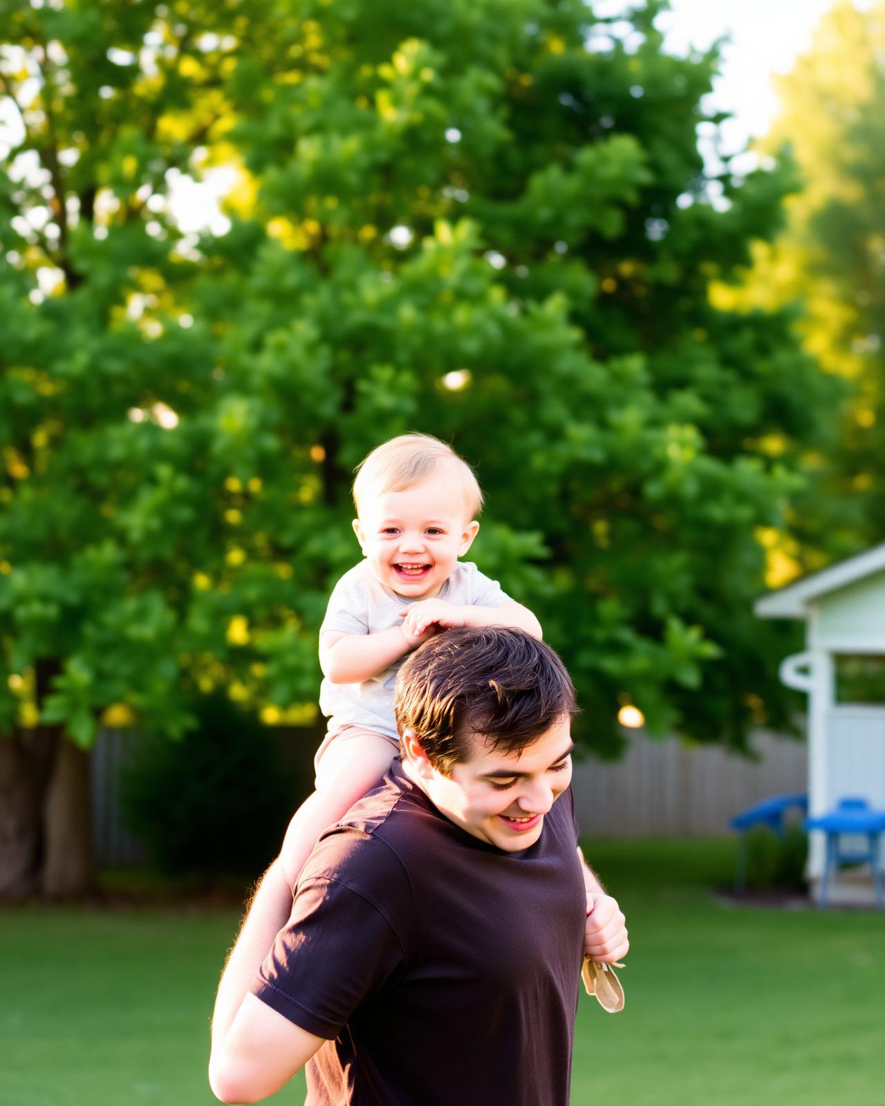A father carrying his giggling toddler on his shoulders in a sunlit backyard