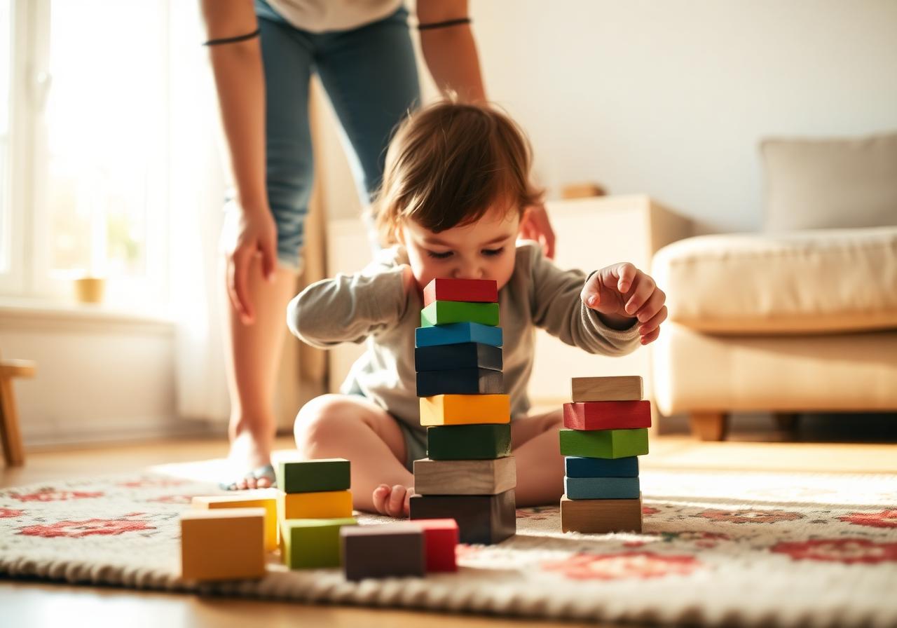 A toddler stacks colorful wooden blocks on a rug while a parent steadies them