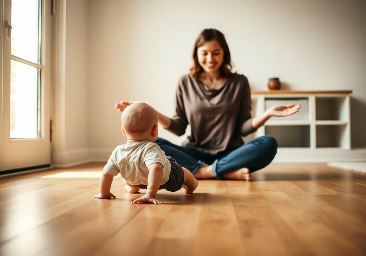 A baby crawls across a wooden floor toward a smiling parent