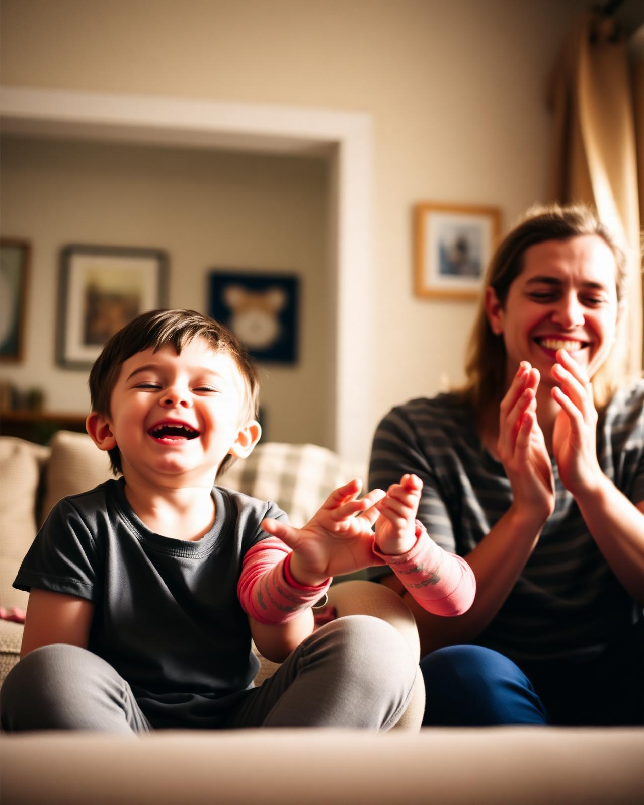 A toddler laughing while a parent claps along in a sunlit living room