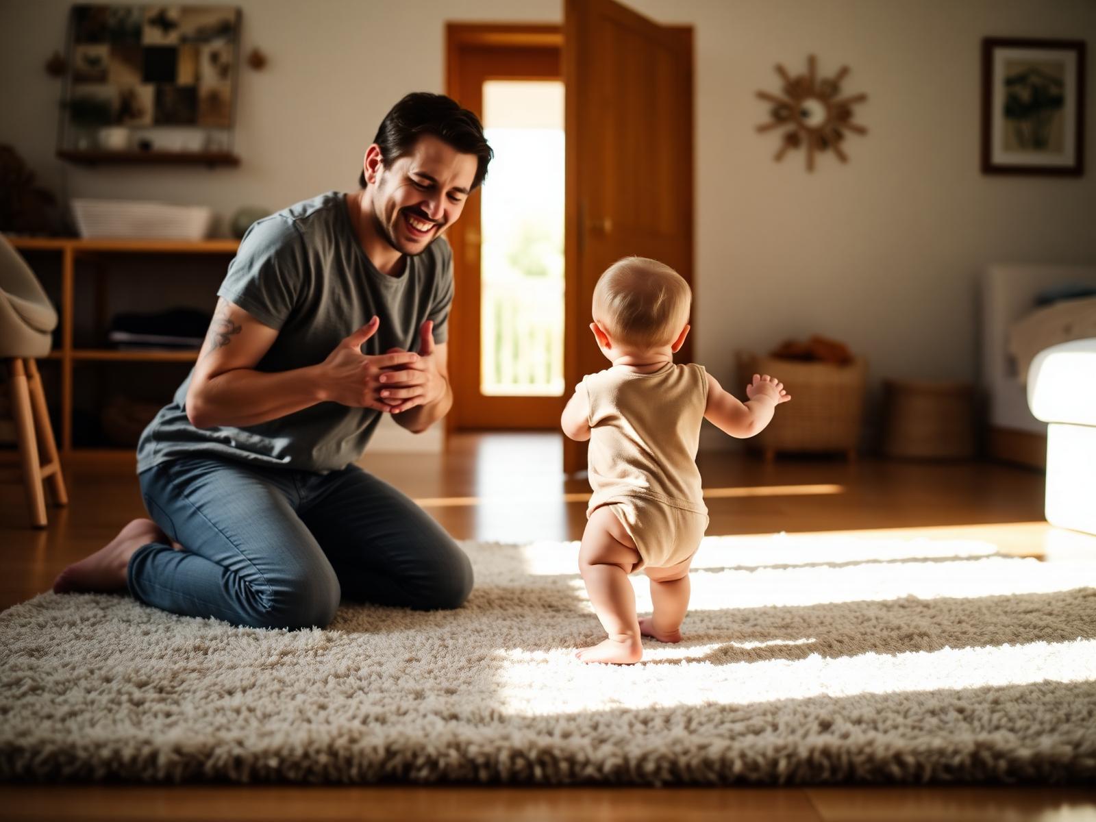 A toddler taking first wobbly steps toward a smiling parent on a soft rug