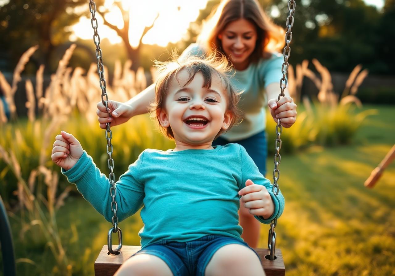 A laughing child on a backyard swing pushed by a parent