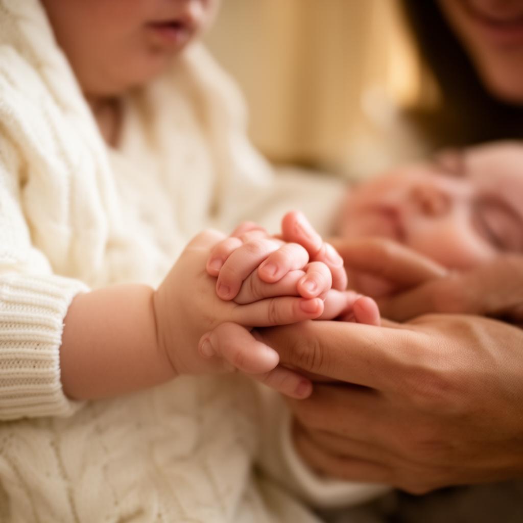 A parent gently holding an infant's hand in soft natural light